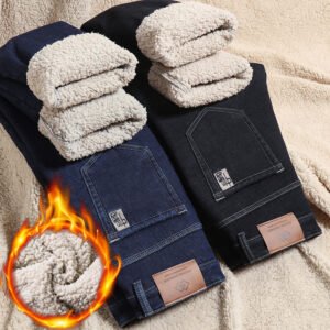 Men's lambswool fleece-lined jeans, men's winter loose straight-leg autumn/winter thickened warm casual pants