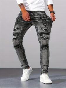 Men's Jeans Silver Grey Stretch Fit Fashion Multi-Craft Design Men's Pants