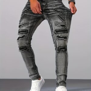 Men's Jeans Silver Grey Stretch Fit Fashion Multi-Craft Design Men's Pants