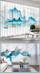 Modern Chinese style window screen, landscape painting gauze curtain, semi-blackout curtain, finished rental house, non-perforated chiffon window cloth