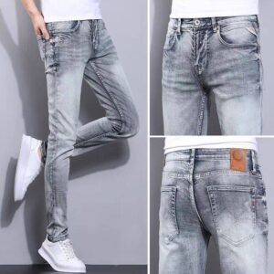 High-end light luxury vintage stretch jeans for men, trendy Korean style, slim fit for small feet, trendy versatile casual pants
