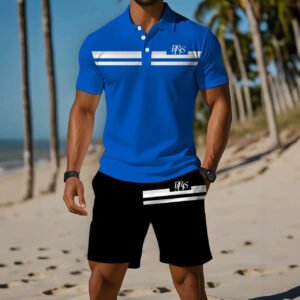 2026 Cross-border New 3D Print Fashion Striped Breathable Polo Shirt Short Sleeve Shorts Casual Men's Sports Set
