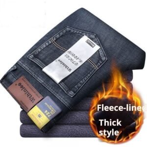 Cross-border men's jeans, autumn/winter fleece-lined loose straight-simple, thickened men's long pants, casual style, warm straight-leg men's pants