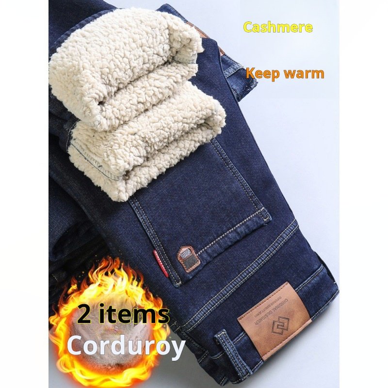 Factory wholesale jeans men's pile thickened straight loose pants winter business lamb's fleece slacks men's style - Image 2
