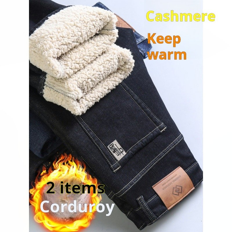 Factory wholesale jeans men's pile thickened straight loose pants winter business lamb's fleece slacks men's style - Image 3