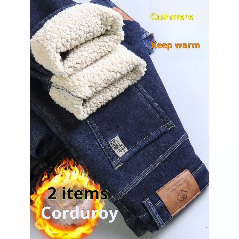 Factory wholesale jeans men's pile thickened straight loose pants winter business lamb's fleece slacks men's style - Image 4