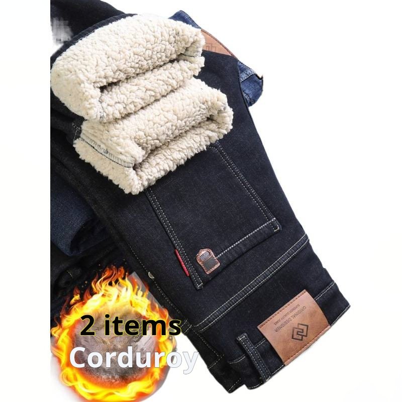 Factory wholesale jeans men's pile thickened straight loose pants winter business lamb's fleece slacks men's style - Image 5
