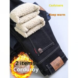 Factory wholesale jeans men's pile thickened straight loose pants winter business lamb's fleece slacks men's style