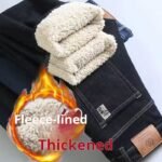 Autumn and winter men's denim pants with fleece trim, men's business jeans blue and black in stock
