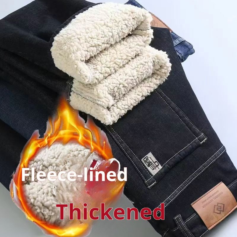 Autumn and winter men's denim pants with fleece trim, men's business jeans blue and black in stock