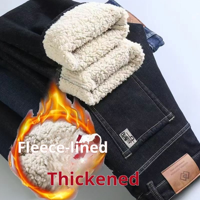Autumn and winter men's denim pants with fleece trim, men's business jeans blue and black in stock - Image 3