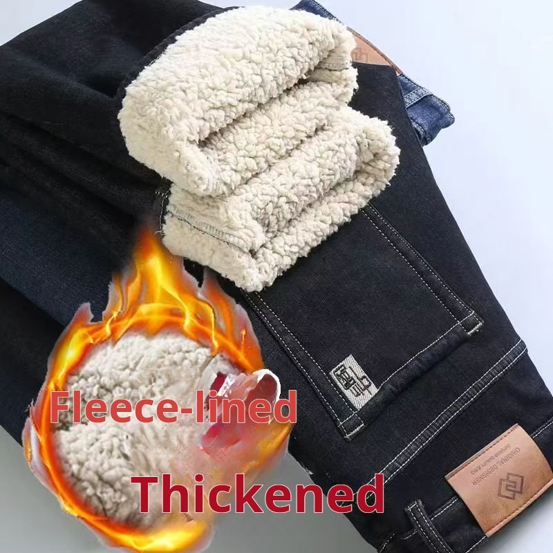 Autumn and winter men's denim pants with fleece trim, men's business jeans blue and black in stock - Image 4