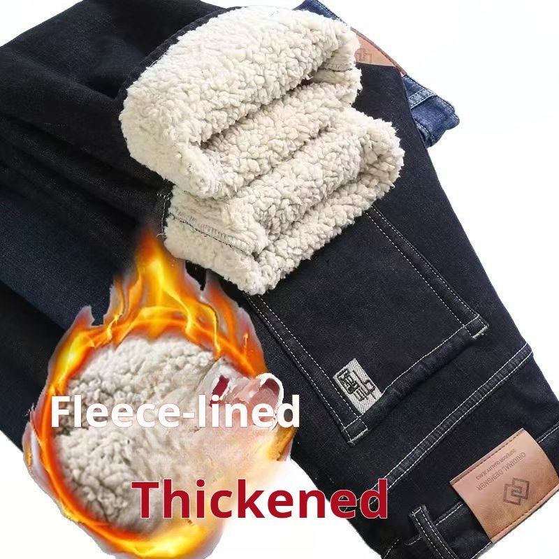 Autumn and winter men's denim pants with fleece trim, men's business jeans blue and black in stock - Image 5