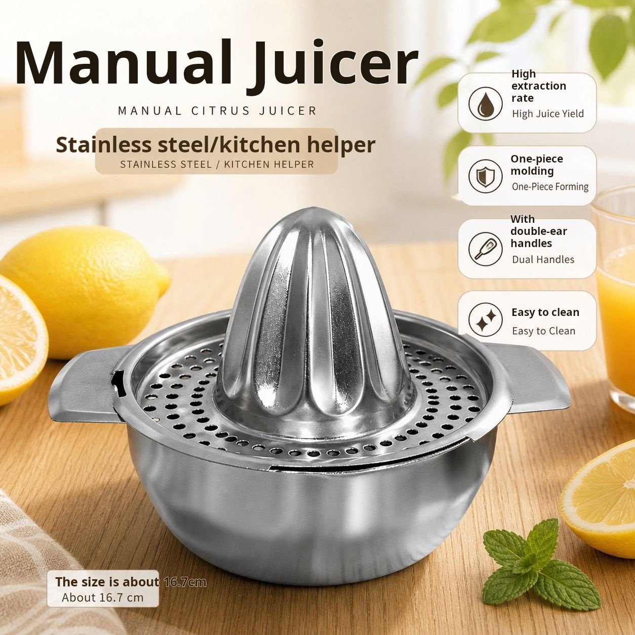 Stainless steel manual juicer, magnet-free lemon juicer, kitchen and household fruit juicer, juice squeeze